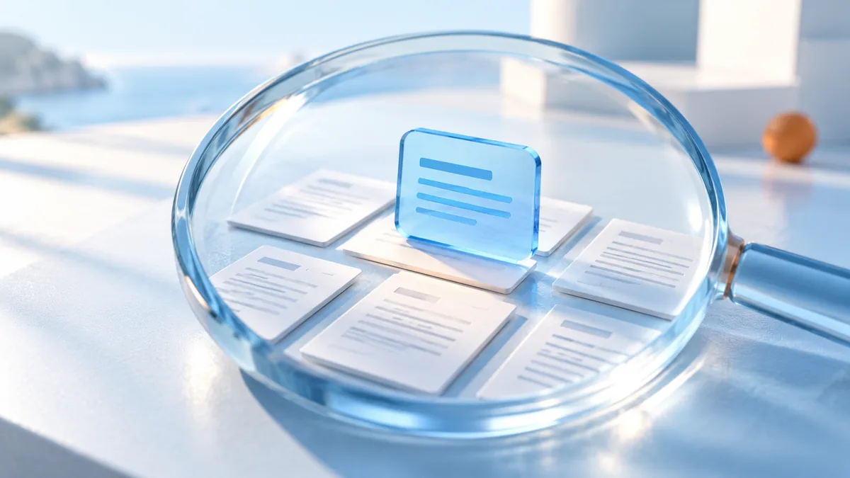 Lupa de cristal sobre documentos y una tarjeta azul que representa un resumen.