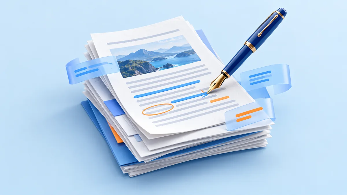 Pluma azul sobre documentos con anotaciones translúcidas y detalles naranjas.