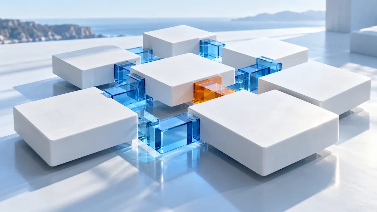 Bloques blancos de información unidos por conectores de cristal azul.