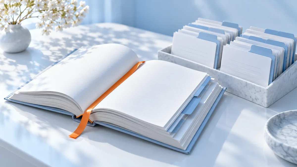 Libro abierto con separadores azules y un marcador naranja junto a un fichero.