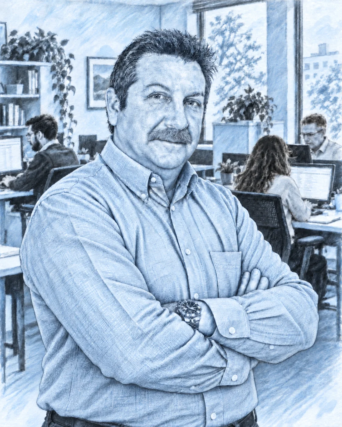 Retrato de Mauricio González a carboncillo en tonos azules