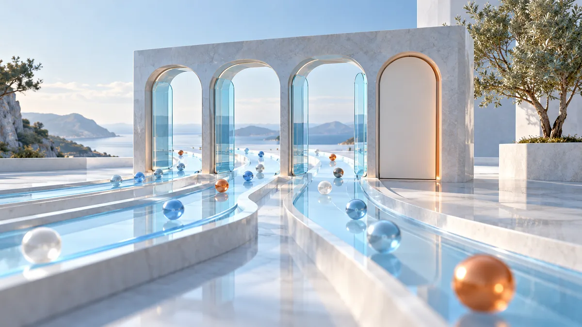 Puertas abiertas y cerradas con caminos azules y pequeñas esferas de cristal.