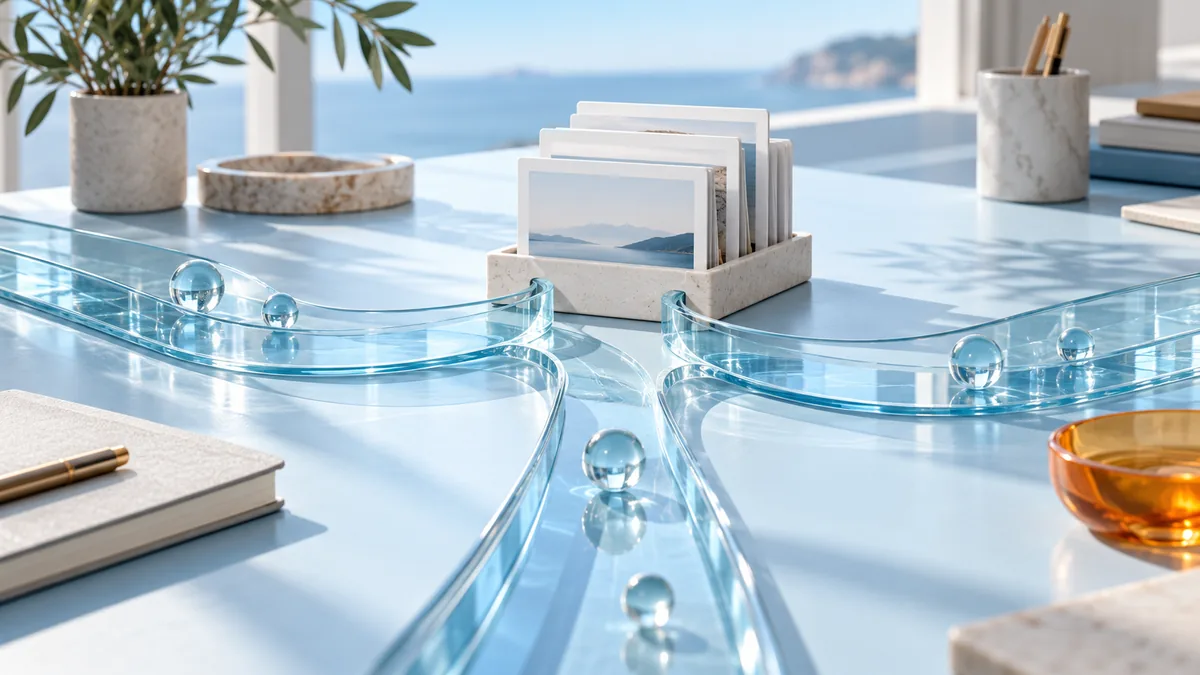 Tres caminos de cristal azul que convergen hacia unas tarjetas de información.